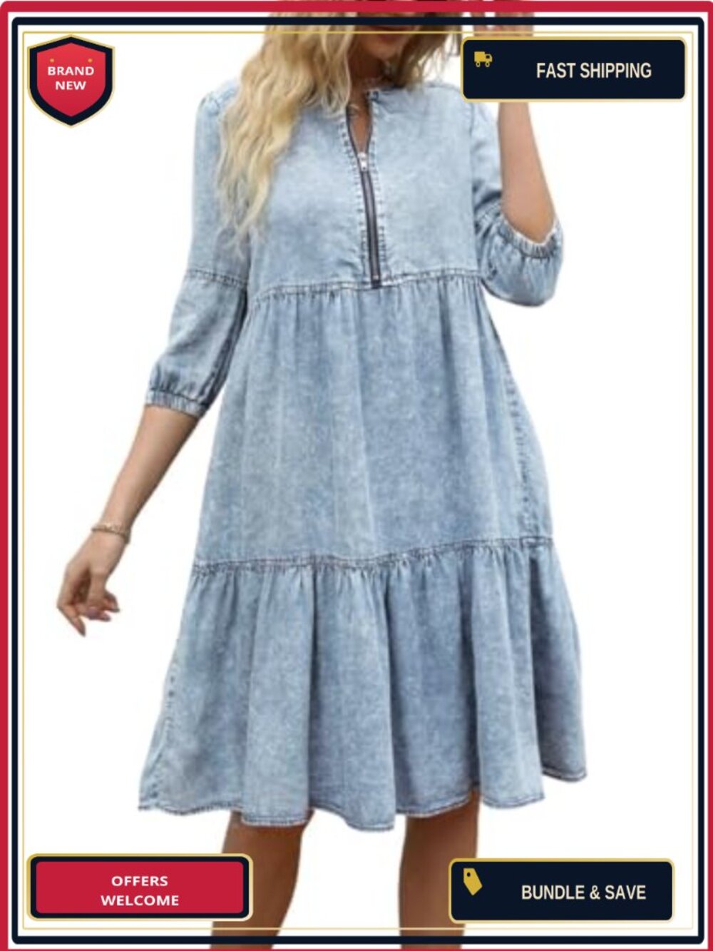 Women's Vintage Washed Loose Fit 3/4 Sleeve Tiered Babydoll Denim Dress